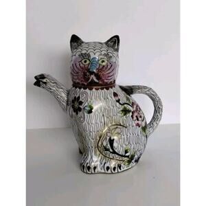 Vintage Figural Cat Cloisonné Teapot 5.5 in L x 5in H x 3in W